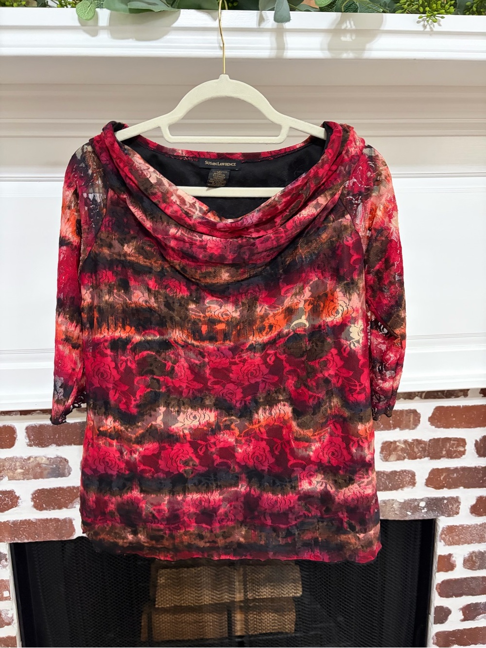 VTG Y2K Susan Lawrence Red Black Mesh Cowl Neck Top S